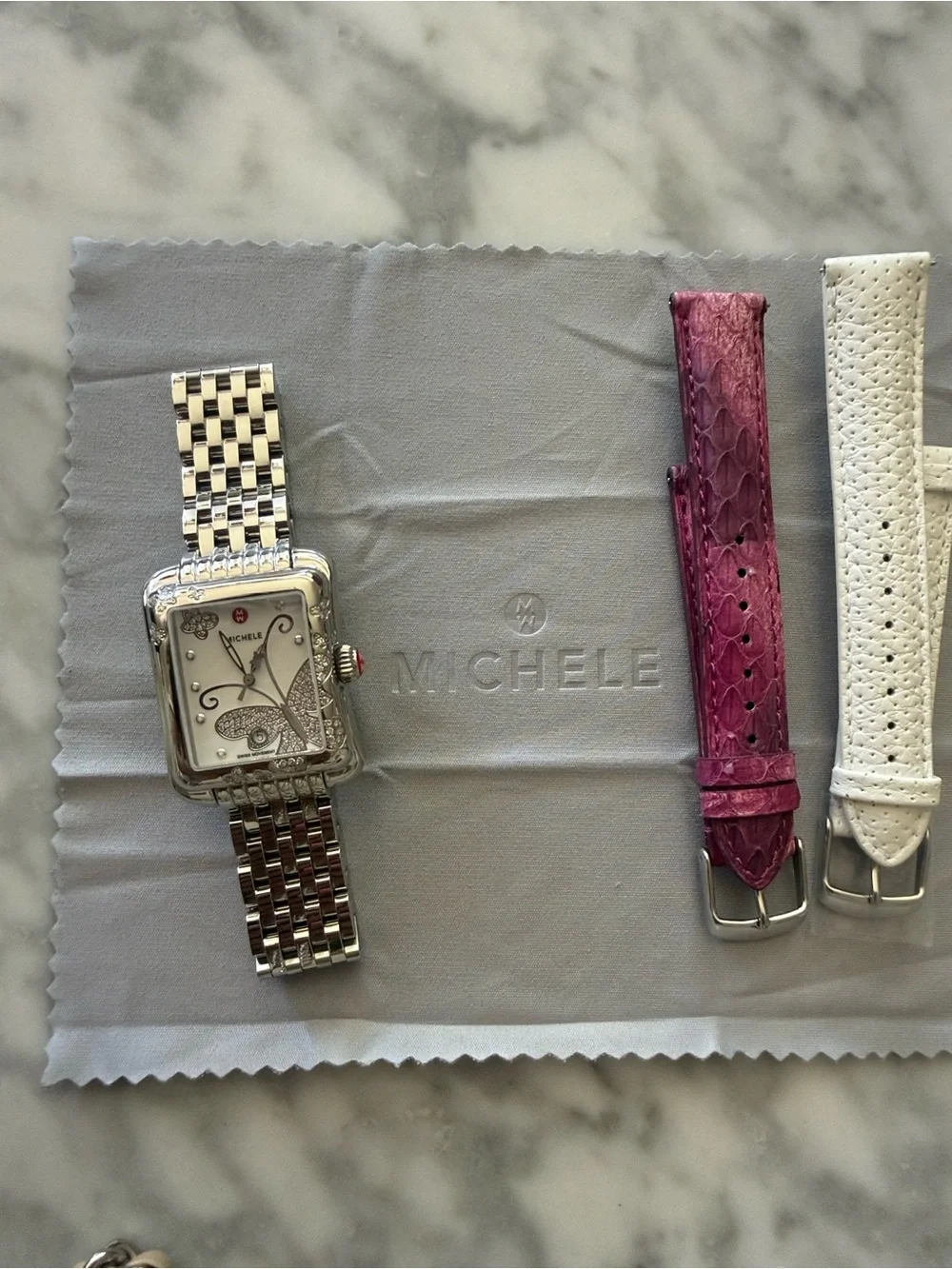 Michele Silver Stainless Steel Butterfly Diamond Accent Watch - White Dial